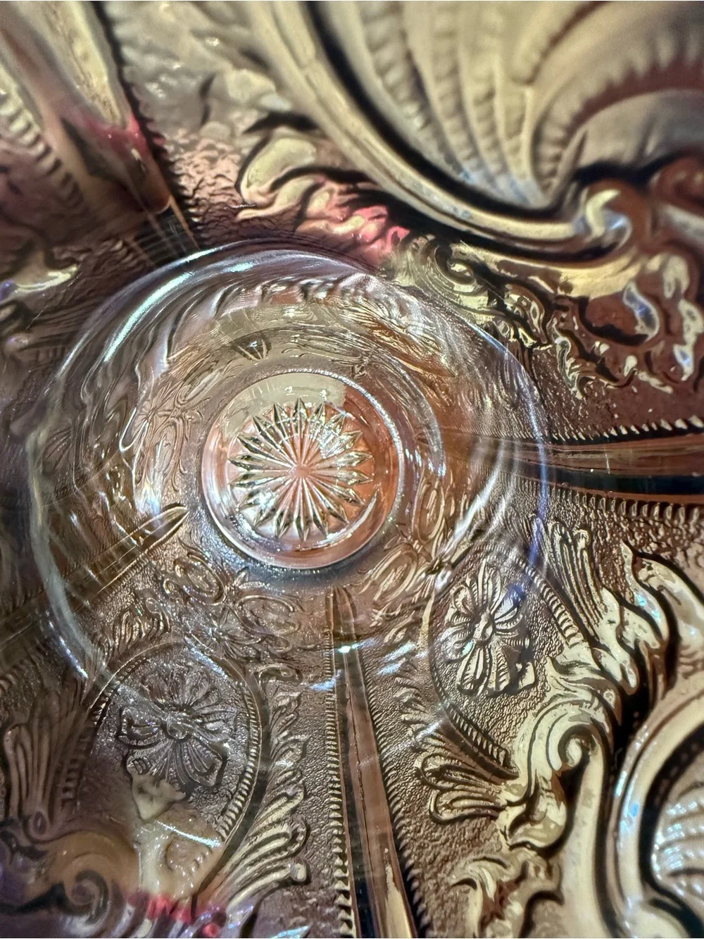 VTG Imperial Carnival Glass Scroll Flower Panels Vase Smoke Peacock 10”